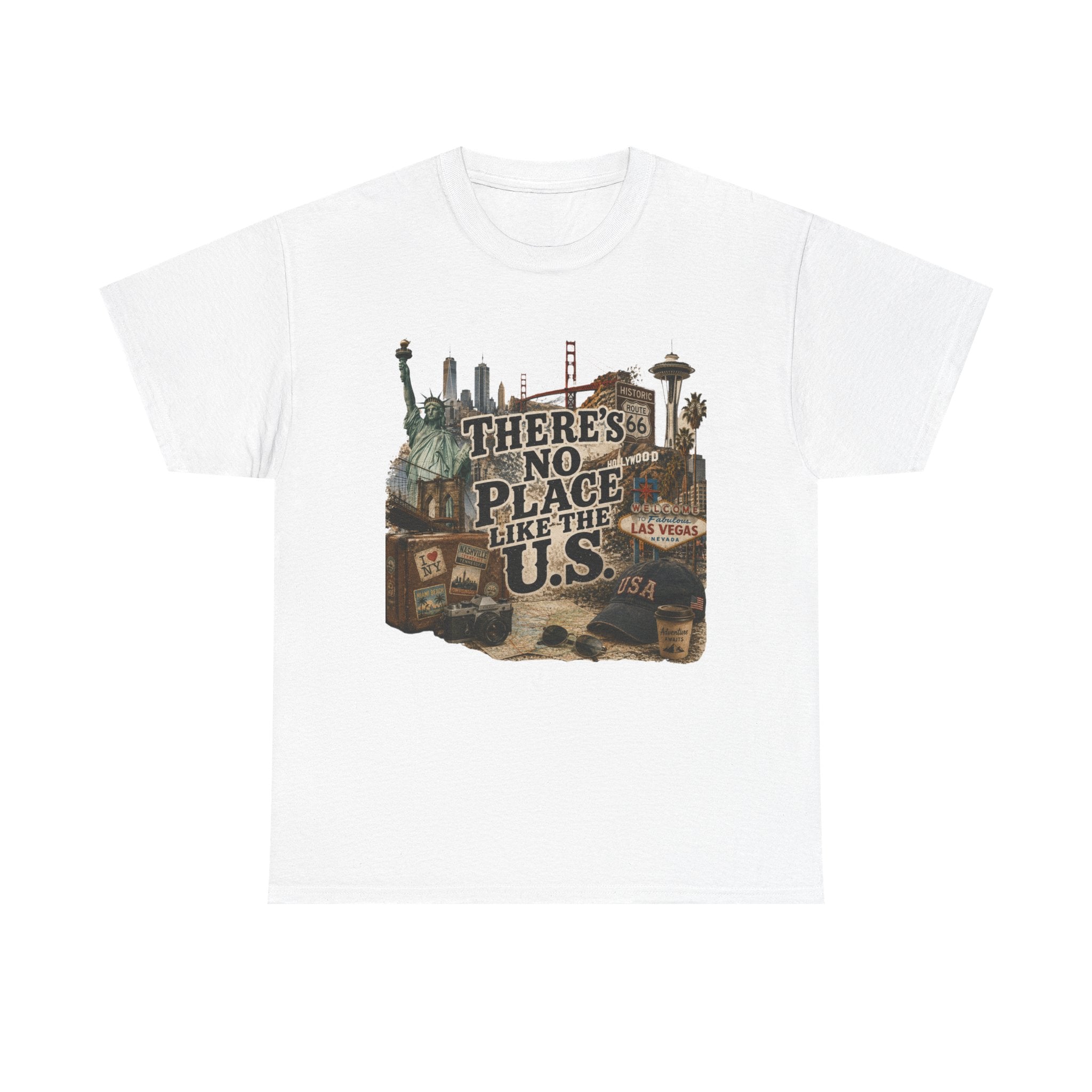 City Lights Edition tee flat lay - American landmarks collage print