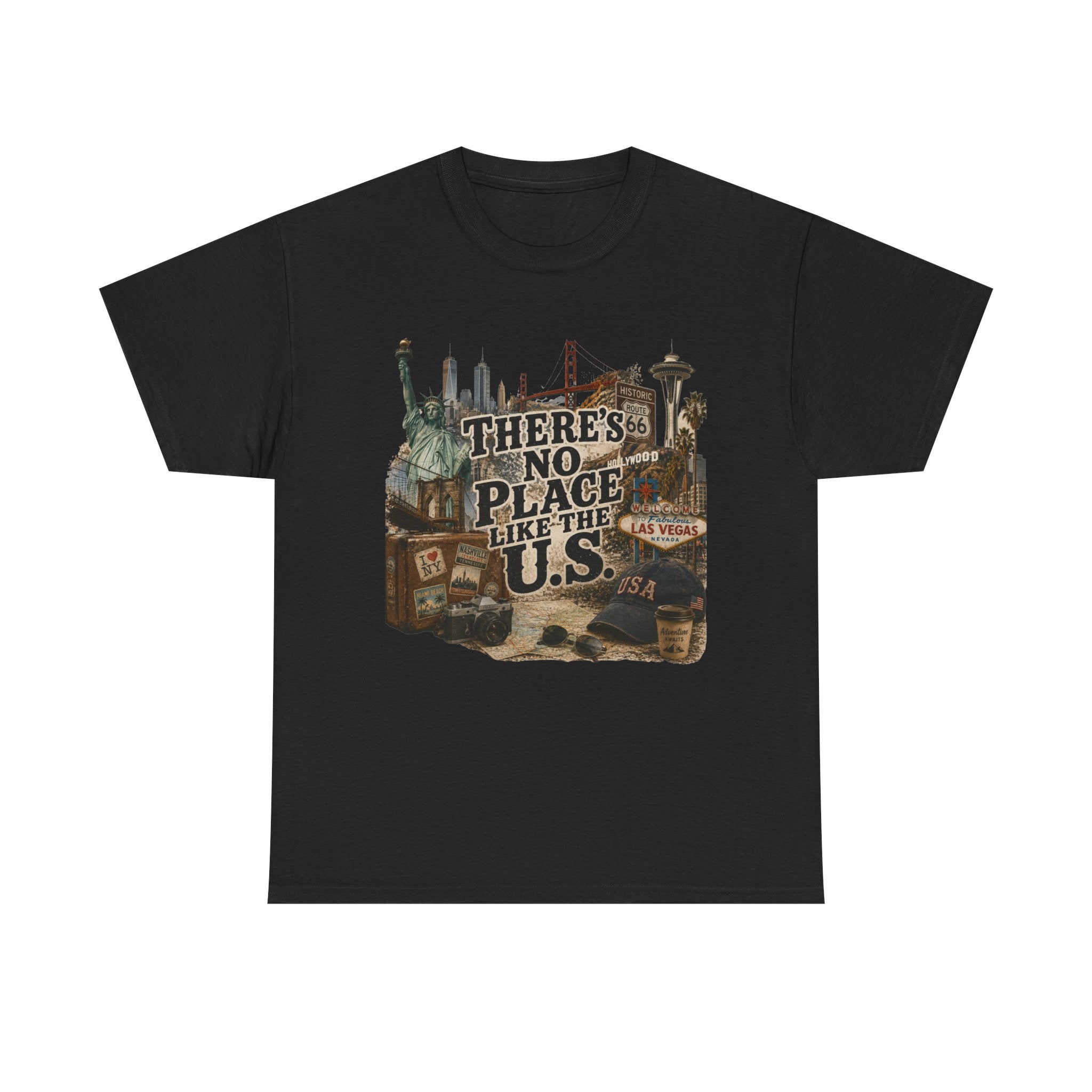 American city landmarks graphic tee - NYC Golden Gate Route 66 collage