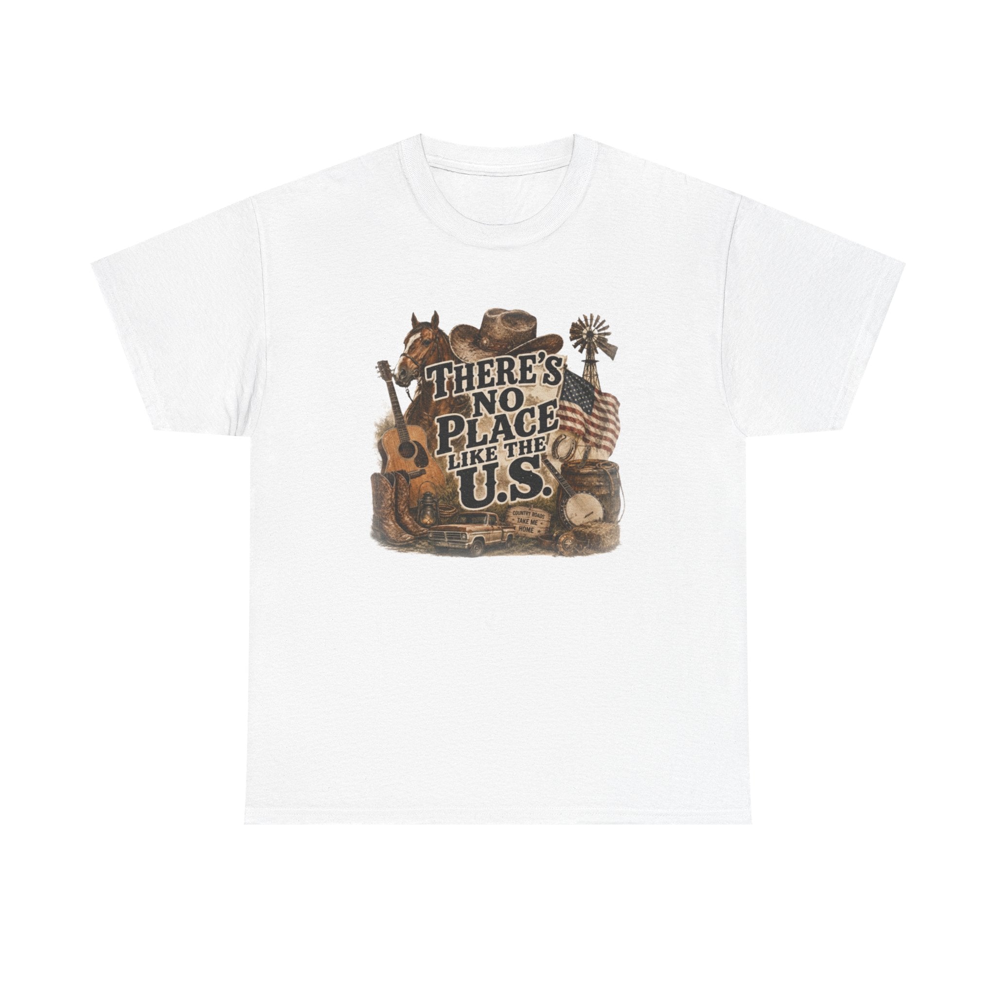 Country Life graphic tee flat lay with western accessories - boots and cowboy hat
