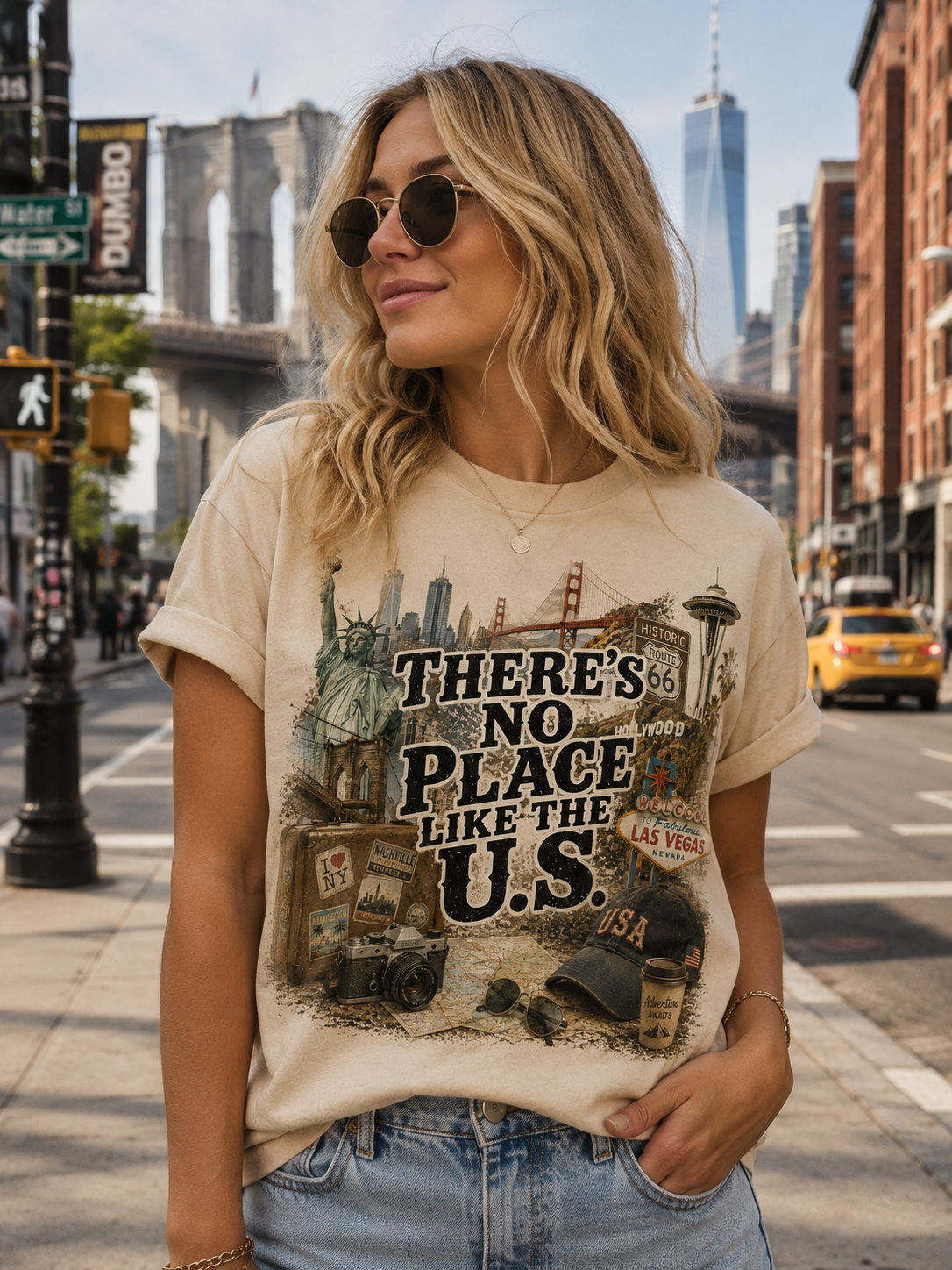 American landmarks graphic tee lifestyle photo - Statue of Liberty Route 66 Las Vegas design
