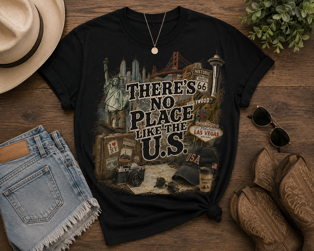 There's No Place Like the US City Lights tee - woman in urban setting Spicy Blondie